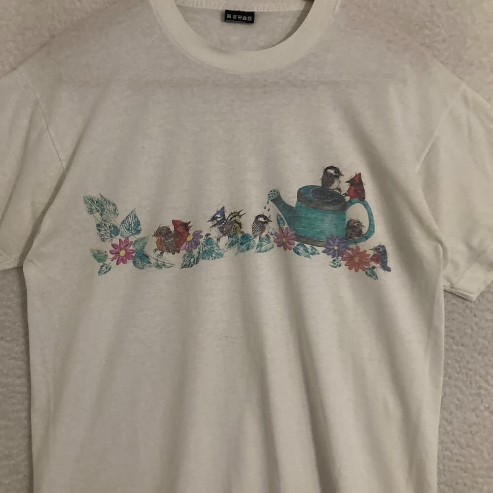 Vtg USA Made Birds Spring Flowers Shirt Womens L Single Stitch Art FOTL Tee - Picture 2 of 10